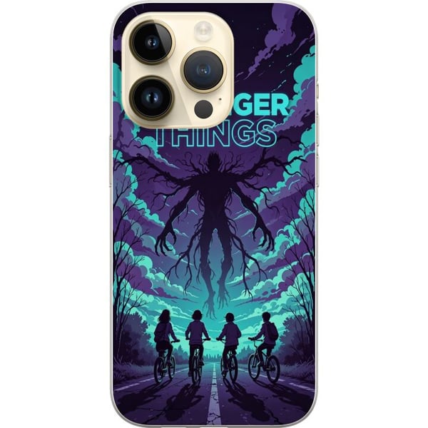 Kompatibel Mobilcover til Apple iPhone 14 Pro Stranger Things-inspireret fantasyillustration med mørkt monster, cyklende børn og dramatisk rød himmel