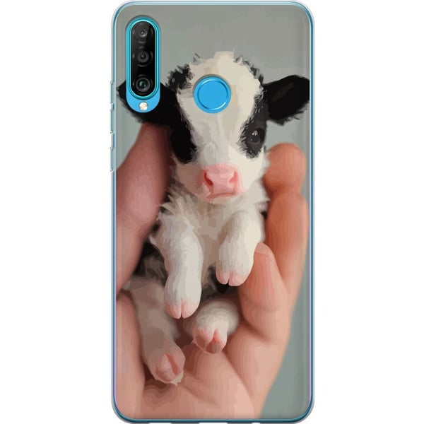 Kompatibelt Mobilskal till Huawei P30 lite Nyfödd liten kalv i hand med rosa nos mjuk päls och sött uttryck charmigt naturmotiv perfekt för djurälska