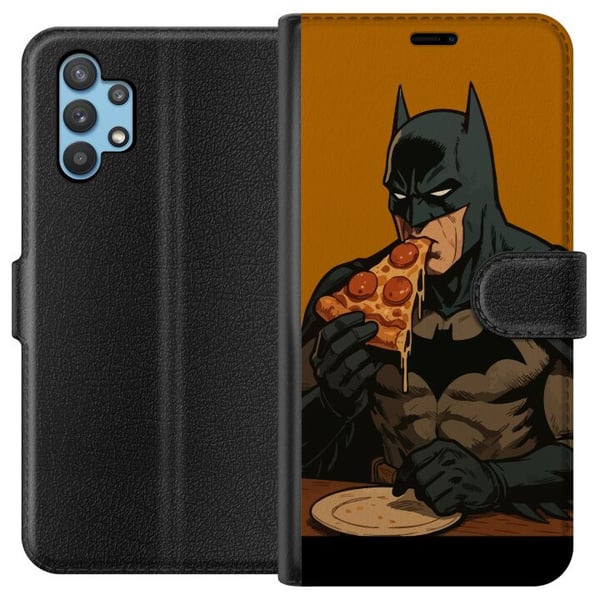 Kompatibelt Plånboksfodral till Samsung Galaxy A32 5G Batman poster eating pizza DC Comics hero cartoon comic retro humor fun food illustration funny