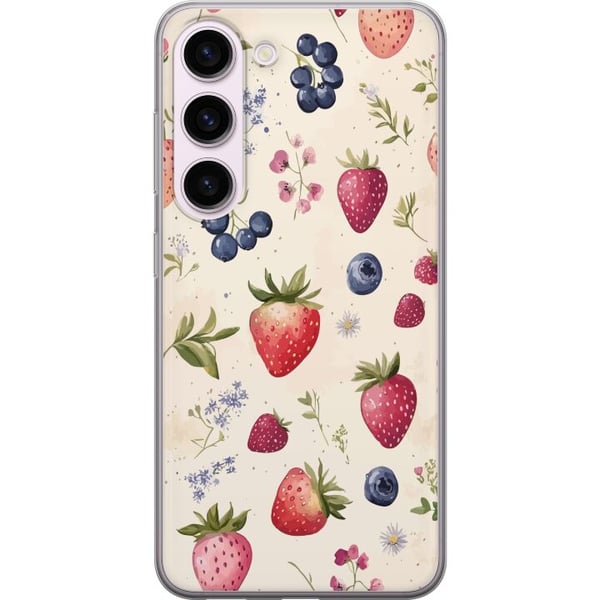 Yhteensopiva Puhelinkuori Samsung Galaxy S23 Kesäinen marjakuvio mansikoilla, mustikoilla ja akvarellikukilla – trendikäs ja raikas design, joka sopi