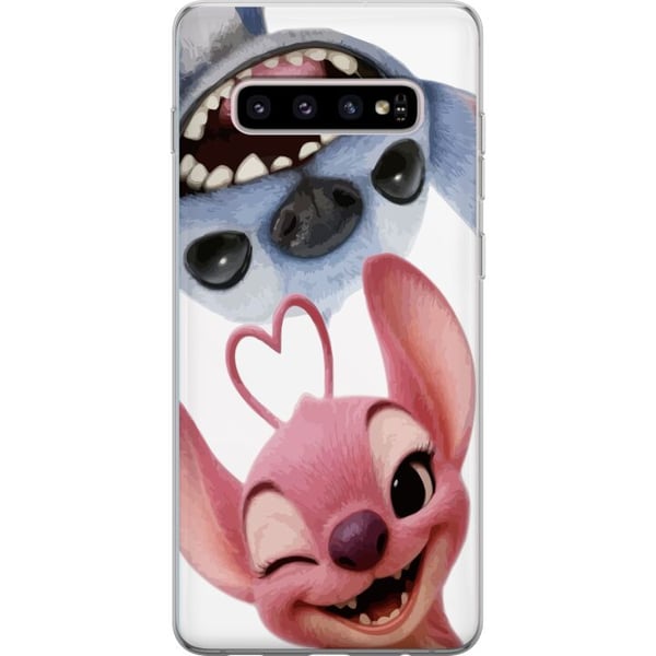 Kompatibelt Mobilskal till Samsung Galaxy S10+ Lekfulla Stitch och Angel i närbild med stora skratt och hjärtformade detaljer som skapar charmig kärl