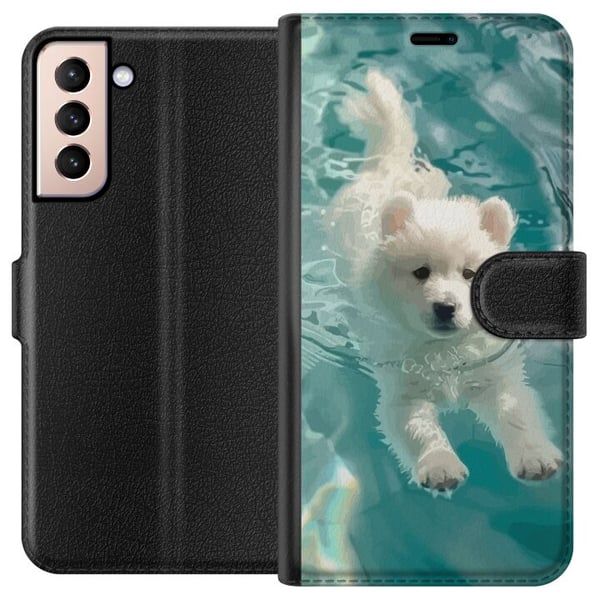 Kompatibelt Plånboksfodral till Samsung Galaxy S21 Hundvalp i vatten vit puppy dog swimming pool blå turkos sommarmotiv cute pet illustration design