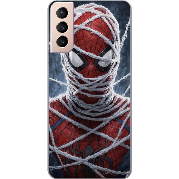 Kompatibelt Mobilskal till Samsung Galaxy S21 Spider-Man täckt av täta nätlager i dramatisk närbild som framhäver maskens struktur intensitet och kra