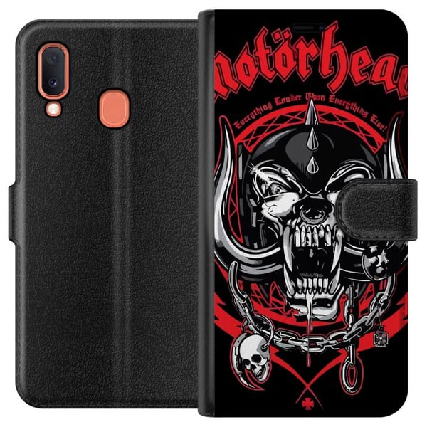 Kompatibelt Plånboksfodral till Samsung Galaxy A20e Motorhead dödskalle i rött och svart hård rockdesign för fans av klassisk metal och energi