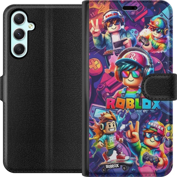 Kompatibelt Plånboksfodral till Samsung Galaxy A34 Färgstark Roblox-gaminggrupp med hörlurar och neonfärger för barn och spelintresserade