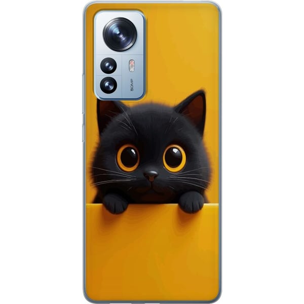 Kompatibelt Mobilskal till Xiaomi 12 Pro Söt svart katt med stora ögon på gul bakgrund – minimalistisk djurillustration med varm färg och mjuk stil