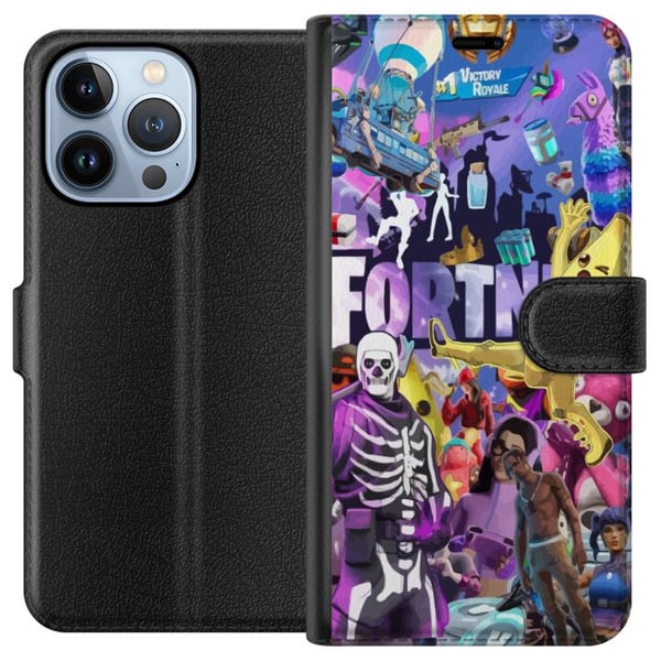 Kompatibel Tegnebogsetui til Apple iPhone 13 Pro Fortnite-collage med Banana Peely Battle Bus og skins farverigt gamingmotiv
