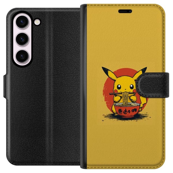 Yhteensopiva Lompakkokotelo Samsung Galaxy S23 Pikachu syömässä ramenia japanilaisessa animen inspiroimassa tyylissä keltaista taustaa vasten, hauska