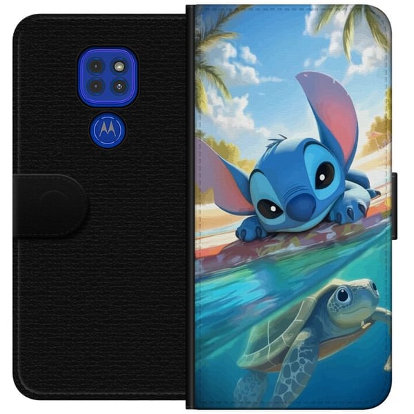 Kompatibel Tegnebogsetui til Motorola Moto G9 Play Stitch med skildpadde - sød blå alien i tropisk strandmiljø fra Disney