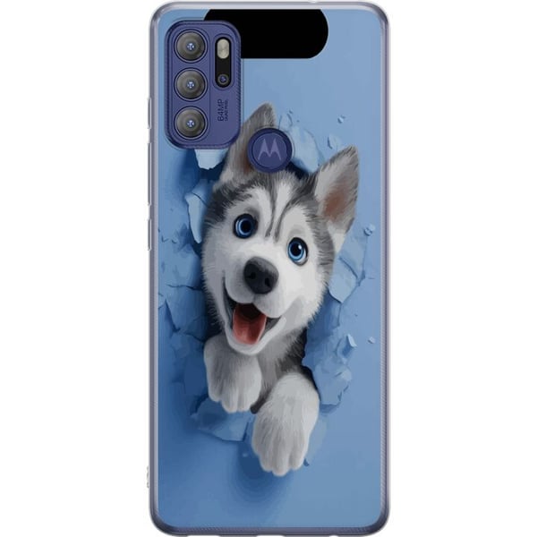 Kompatibel Mobilcover til Motorola Moto G60S Sød huskyhvalp med store blå øjne kigger frem gennem en ødelagt væg i en blød 3D-stil, hvilket skaber et