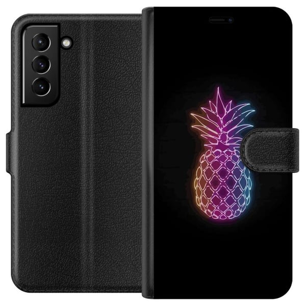 Kompatibelt Lommeboketui til Samsung Galaxy S21+ 5G Neonillustrasjon av ananas i fargerikt lys mot svart bakgrunn i leken design Kompatibelt Lommeboketui til Samsung Galaxy S21+ 5G Neonillustrasjon av ananas i fargerikt lys mot svart bakgrunn i leken design