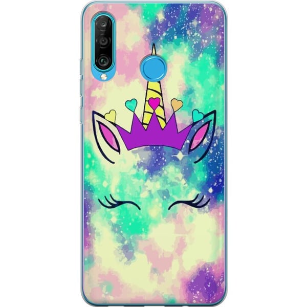Kompatibelt Mobilskal till Huawei P30 lite Pastellfärgad enhörning med galaxbakgrund hjärtan och krona magiskt lekfull fantasydesign i modern och fär