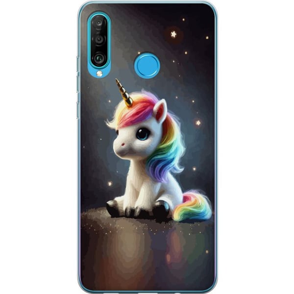 Kompatibelt Mobilskal till Huawei P30 lite Sittande enhörning med regnbågsman och stjärnor i mjuk sagolik stil