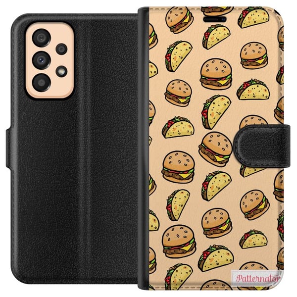Yhteensopiva Lompakkokotelo Samsung Galaxy A33 5G Värikäs sarjakuvamainen design hampurilaisilla, tacoilla, sulatetulla juustolla, salaatilla, rapeil