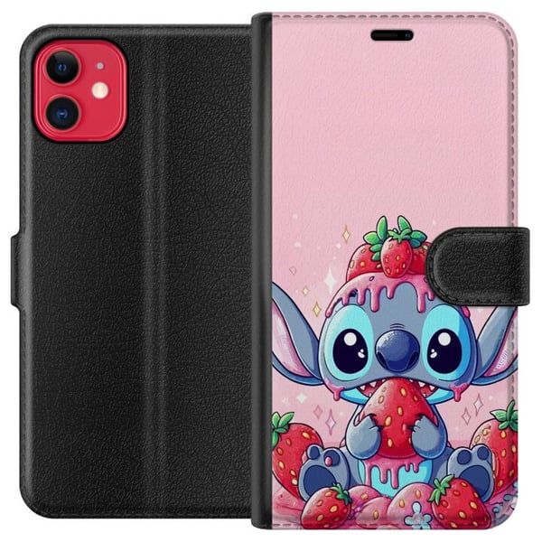 Kompatibel Tegnebogsetui til Apple iPhone 11 Stitch Strawberry Love – sødt motiv med blå figur og jordbær i lyserødt pasteltema Kompatibel Tegnebogsetui til Apple iPhone 11 Stitch Strawberry Love – sødt motiv med blå figur og jordbær i lyserødt pasteltema