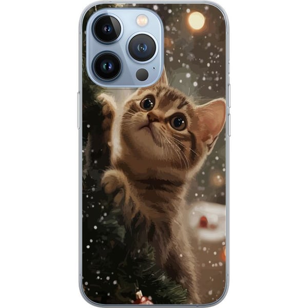 Kompatibelt Mobilskal till Apple iPhone 13 Pro Katt som klättrar i julgran med snöfall mysig vinterdesign perfekt för katt och julälskare