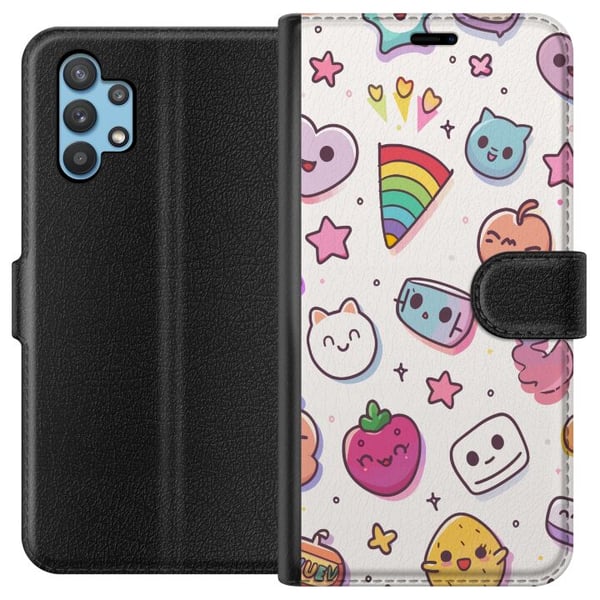 Kompatibelt Plånboksfodral till Samsung Galaxy A32 5G Kawaii doodle collage med söta figurer frukter stjärnor hjärtan pastellfärger och lekfull teckn Kompatibelt Plånboksfodral till Samsung Galaxy A32 5G Kawaii doodle collage med söta figurer frukter stjärnor hjärtan pastellfärger och lekfull teckn