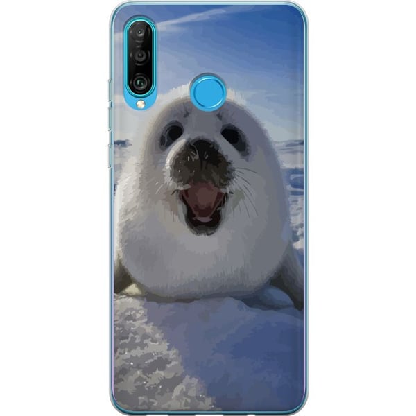 Kompatibelt Mobilskal till Huawei P30 lite Sälunge i snön med stort leende och mjuk rund form gulligt vintermotiv med arktisk känsla perfekt för djur