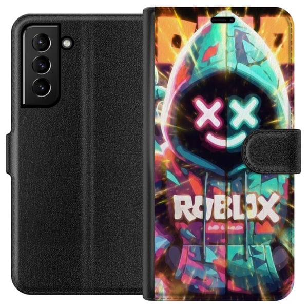 Kompatibel Tegnebogsetui til Samsung Galaxy S21+ 5G Neonfarvet Roblox-inspireret hoodiefigur med lysende effekter og energifyldt baggrund, kraftfuld