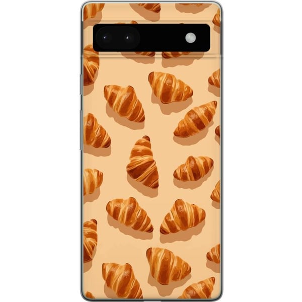 Yhteensopiva Puhelinkuori Google Pixel 6a Croissant-kuvio, jossa on kullanruskeita ranskalaisia leivonnaisia, beige tausta, kahvilahenkinen kuvitus e