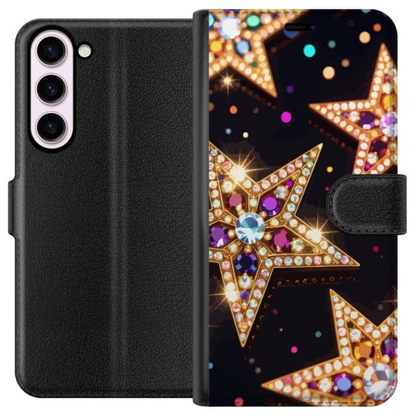 Kompatibel Tegnebogsetui til Samsung Galaxy S23+ Gyldne glitterstjerner med krystaller og festlig lyseffekt på mørk baggrund, et elegant motiv til ju Kompatibel Tegnebogsetui til Samsung Galaxy S23+ Gyldne glitterstjerner med krystaller og festlig lyseffekt på mørk baggrund, et elegant motiv til ju