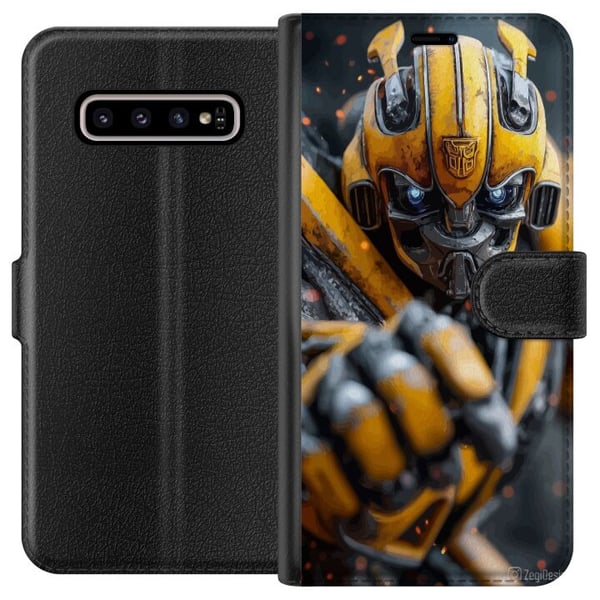 Kompatibelt Plånboksfodral till Samsung Galaxy S10+ Bumblebee Transformers gul robot mecha sci fi action warrior detailed cyberpunk hero motiv poster