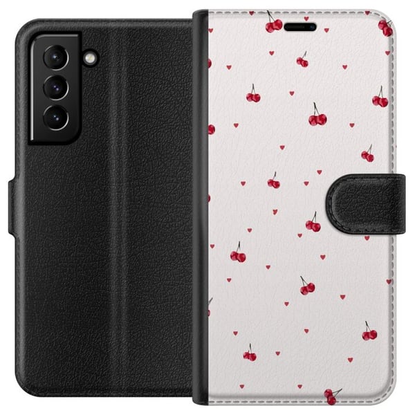 Kompatibelt Lommeboketui til Samsung Galaxy S21+ 5G Kirsebær og hjerter på hvit bakgrunn søt romantisk design med minimalistisk følelse og myke toner Kompatibelt Lommeboketui til Samsung Galaxy S21+ 5G Kirsebær og hjerter på hvit bakgrunn søt romantisk design med minimalistisk følelse og myke toner