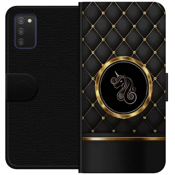 Kompatibelt Lommeboketui til Samsung Galaxy A03s Emblem med enhjørning i svart og gyllen kontrast