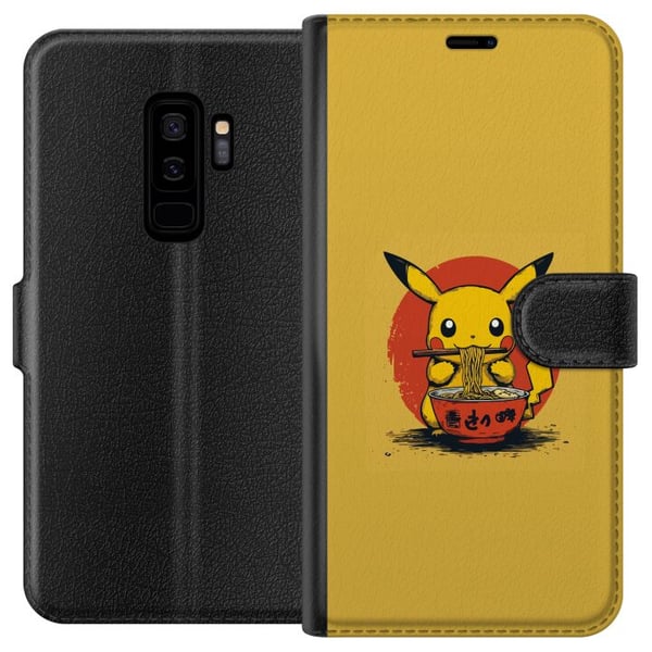 Kompatibelt Lommeboketui til Samsung Galaxy S9+ Pikachu som spiser ramen i japansk animeinspirert stil mot gul bakgrunn, et morsomt moderne motiv for Kompatibelt Lommeboketui til Samsung Galaxy S9+ Pikachu som spiser ramen i japansk animeinspirert stil mot gul bakgrunn, et morsomt moderne motiv for