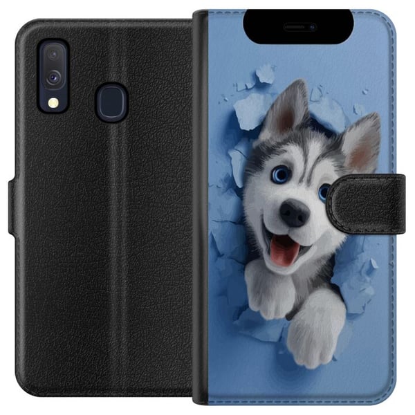 Kompatibel Tegnebogsetui til Samsung Galaxy A40 Sød huskyhvalp med store blå øjne kigger frem gennem en ødelagt væg i en blød 3D-stil, hvilket skaber