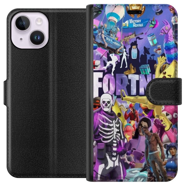 Kompatibel Tegnebogsetui til Apple iPhone 14 Fortnite-collage med Banana Peely Battle Bus og skins farverigt gamingmotiv