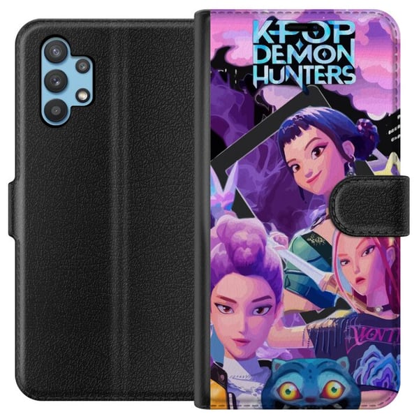 Kompatibelt Plånboksfodral till Samsung Galaxy A32 5G K-Pop Demon Hunters anime inspirerad futuristisk stad med tre hjältinnor och lila neonljus