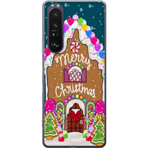 Kompatibelt Mobildeksel til Sony Xperia 1 III Sjarmerende pepperkakehus med fargerike godterier, snødetaljer og teksten Merry Christmas – et koselig