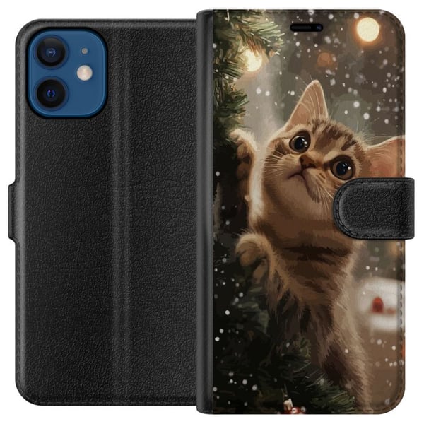 Kompatibelt Lommeboketui til Apple iPhone 12 Katt som klatrer i juletre med snøfall, koselig vinterdesign perfekt for katte- og juleelskere