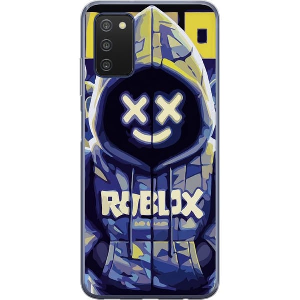Kompatibelt Mobildeksel til Samsung Galaxy A03s Blå-gul Roblox-inspirert hettefigur med maske og minimalistisk neonstil, stilren spillillustrasjon fo