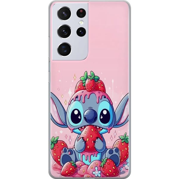 Kompatibelt Mobildeksel til Samsung Galaxy S21 Ultra 5G Stitch Strawberry Love – søtt motiv med blå figur og jordbær i rosa pastelltema Kompatibelt Mobildeksel til Samsung Galaxy S21 Ultra 5G Stitch Strawberry Love – søtt motiv med blå figur og jordbær i rosa pastelltema