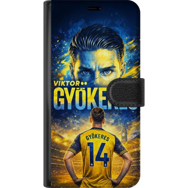 Kompatibel Tegnebogsetui til Apple iPhone 12 mini Fodboldplakat af Viktor Gyökeres i gul-blå farveskala med dramatisk stadionbaggrund, sportsillustra