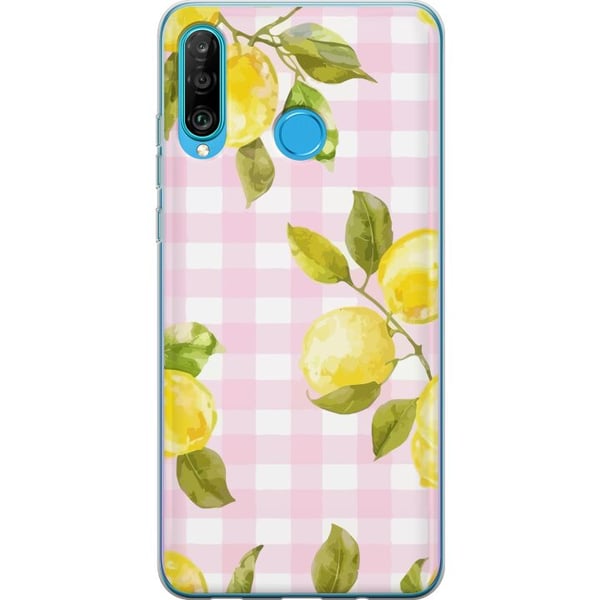 Kompatibelt Mobilskal till Huawei P30 lite Lemon pink gingham pattern – citronmönster med rosa rutigt motiv i pastell och somrig estetisk stil