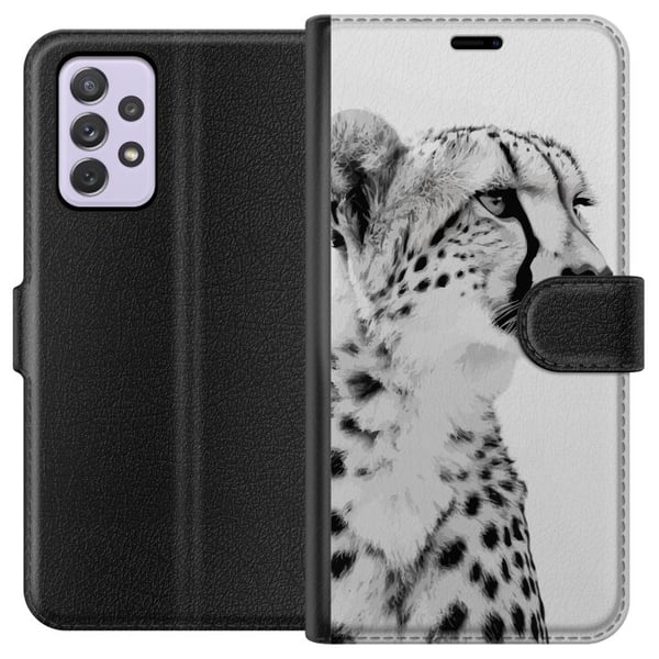 Kompatibel Tegnebogsetui til Samsung Galaxy A52s 5G Stilrent sort-hvidt nærbillede af en gepard med et roligt blik, elegante markeringer og et ædelt