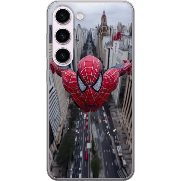 Kompatibelt Mobildeksel til Samsung Galaxy S23 Spiderman over byen Marvel-superhelt action bysilhuett svingende dynamisk tegneserieheltemotiv plakat
