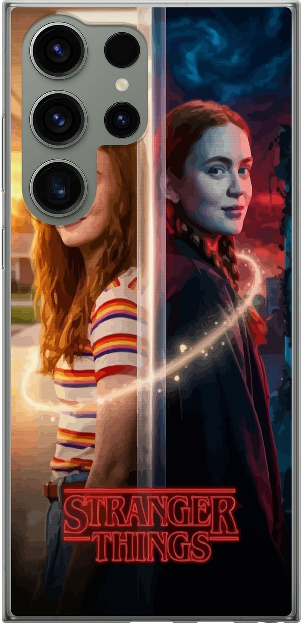 Kompatibelt Mobildeksel til Samsung Galaxy S23 Ultra Max Mayfield i et delt portrett mellom hverdagslys og en mørk parallellverden i Stranger Things-