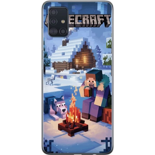 Kompatibel Mobilcover til Samsung Galaxy A51 Minecraft-vintermotiv med Steve, ulv, lejrbål og snedækket hytte, spilillustration til Minecraft-fans