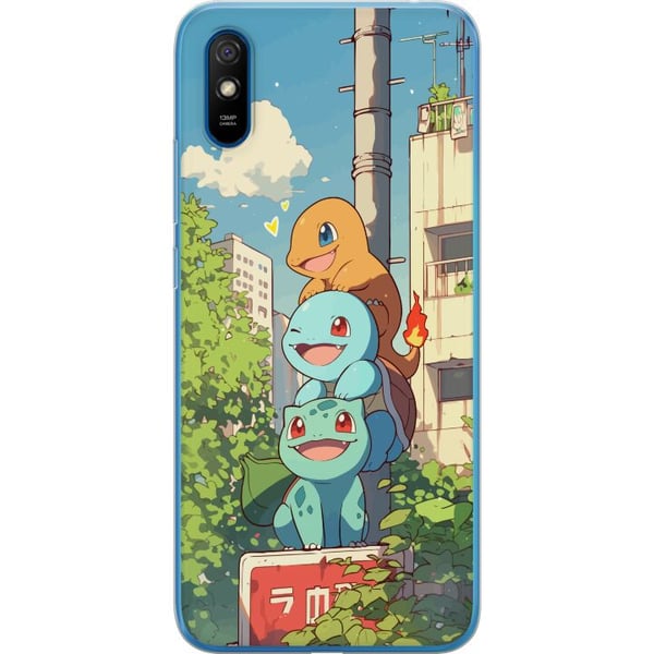 Kompatibel Mobilcover til Xiaomi Redmi 9A City Trio tre glade små figurer i bymiljø med blå himmel og grønne træer, charmerende illustration