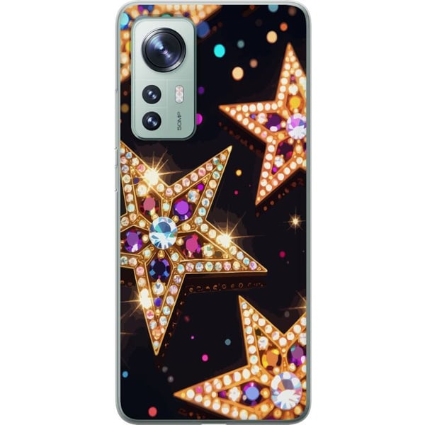 Yhteensopiva Puhelinkuori Xiaomi 12 Kultaiset kimalletähdet kristalleineen ja juhlavine valotehosteineen tummalla taustalla, tyylikäs aihe jouluun, u