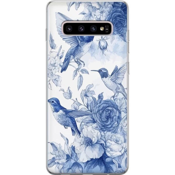 Kompatibelt Mobilskal till Samsung Galaxy S10+ Blått mönster med fåglar och blommor retro