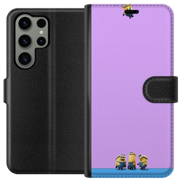 Kompatibel Tegnebogsetui til Samsung Galaxy S23 Ultra Minions-illustration med lilla og blå baggrund, humoristisk filmtema for fans af sjove karakter Kompatibel Tegnebogsetui til Samsung Galaxy S23 Ultra Minions-illustration med lilla og blå baggrund, humoristisk filmtema for fans af sjove karakter