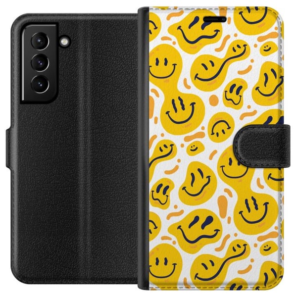 Kompatibelt Lommeboketui til Samsung Galaxy S21+ 5G Lekent smileymønster med gule former i moderne grafisk stil Kompatibelt Lommeboketui til Samsung Galaxy S21+ 5G Lekent smileymønster med gule former i moderne grafisk stil