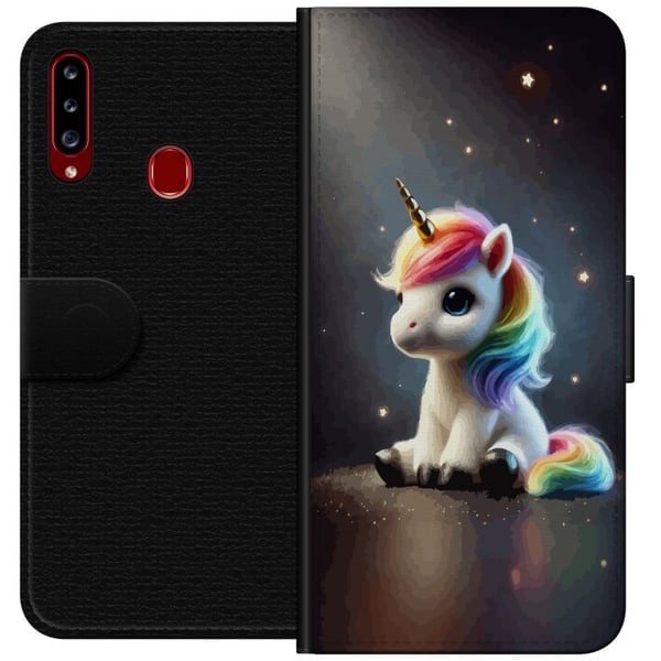 Kompatibelt Plånboksfodral till Samsung Galaxy A20s Sittande enhörning med regnbågsman och stjärnor i mjuk sagolik stil