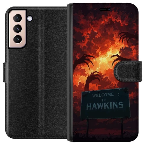 Yhteensopiva Lompakkokotelo Samsung Galaxy S21 Apokalyptinen kohtaus, jossa on liekehtivä taivas ja Hawkins-kyltti Stranger Things -hengessä Yhteensopiva Lompakkokotelo Samsung Galaxy S21 Apokalyptinen kohtaus, jossa on liekehtivä taivas ja Hawkins-kyltti Stranger Things -hengessä