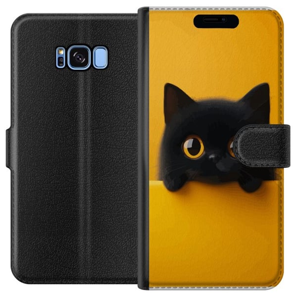 Kompatibelt Plånboksfodral till Samsung Galaxy S8 Svart katt som kikar upp över kant – ren och trendig illustration med lekfullt uttryck och stora ög Kompatibelt Plånboksfodral till Samsung Galaxy S8 Svart katt som kikar upp över kant – ren och trendig illustration med lekfullt uttryck och stora ög